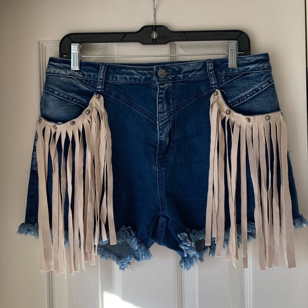 Crazy Train Studded Fringe Jean Shorts